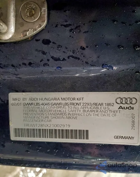 2002 Audi Tt Quattro z USA, uszkodzony, nr VIN TRUWT28NX21002919